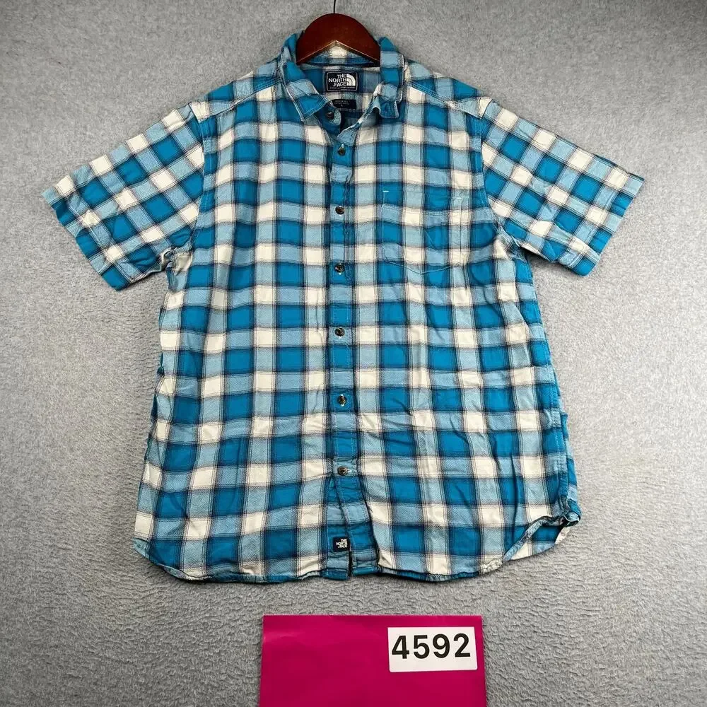 The North Face Shirt Teal White Check Casual Pocket Button Up Short Sleeve L